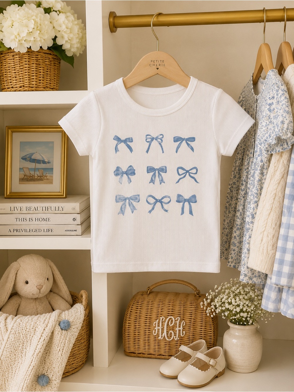 Katie J NYC White Ribbed Tee with Blue Bow Grid